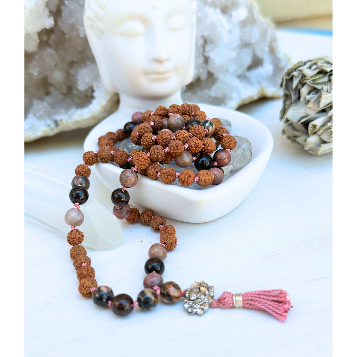 Rhodonite, Smokey Quartz & Rudraksha Mala with Lotus Charm