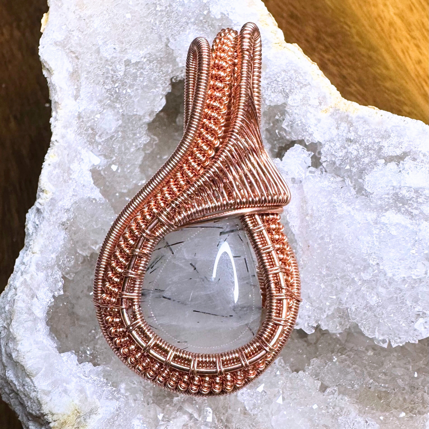 Copper Wire Wrapped Tourmalinated Quartz Pendant