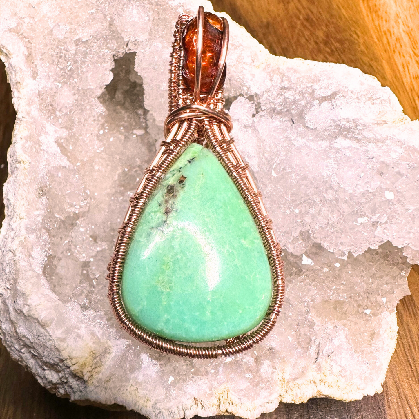 Copper Wire Wrapped Chrysoprase with Amber Pendant