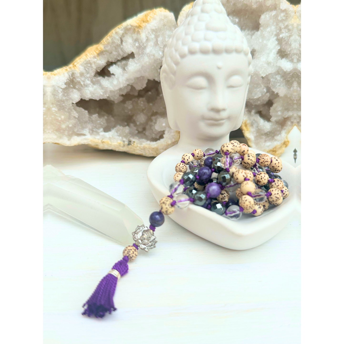 Charoite, Hematite, Clear Quartz, Lotus Seed Mala with Lotus Charm