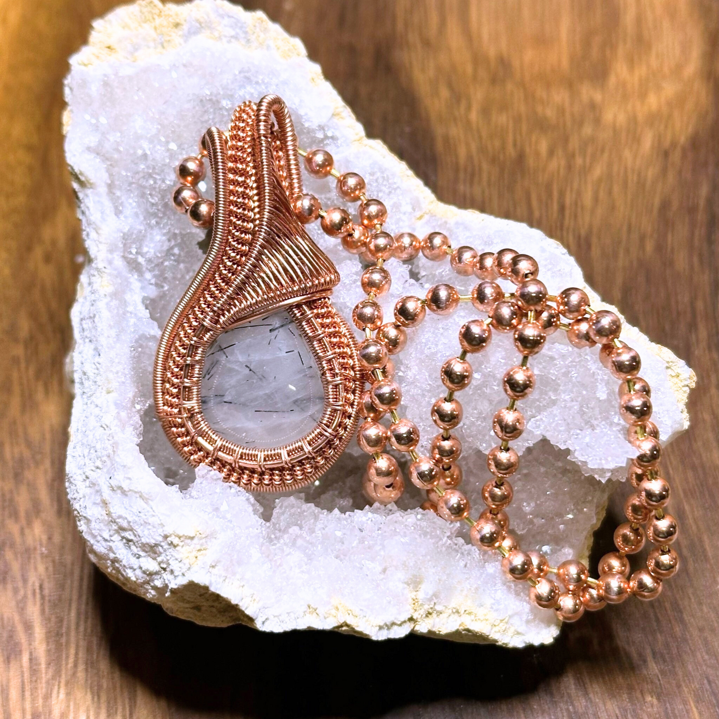 Copper Wire Wrapped Tourmalinated Quartz Pendant