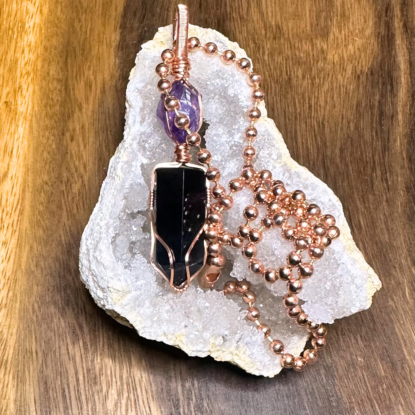 Copper Wire Wrapped Rainbow Fluorite Tower with Raw Amethyst Pendant