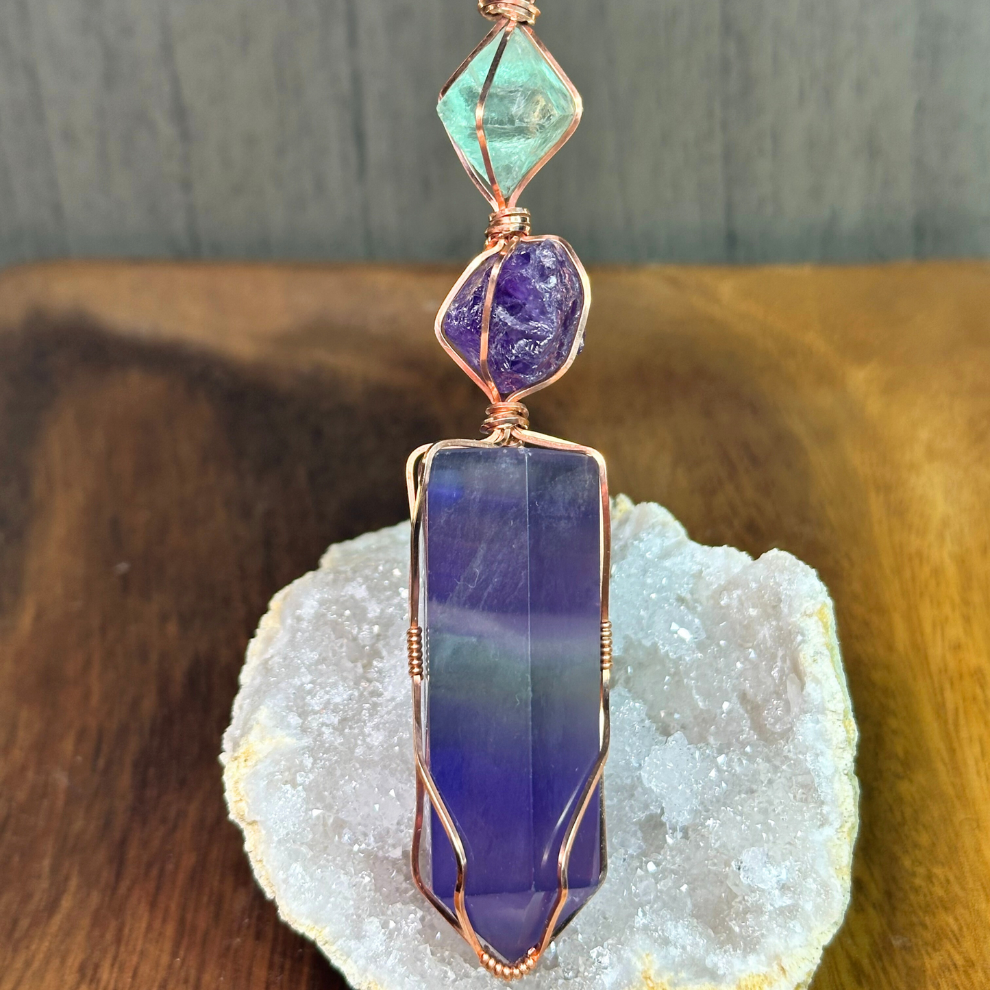 Copper Wire Wrapped Rainbow Fluorite Tower with Raw Amethyst and Green Fluorite Pendant