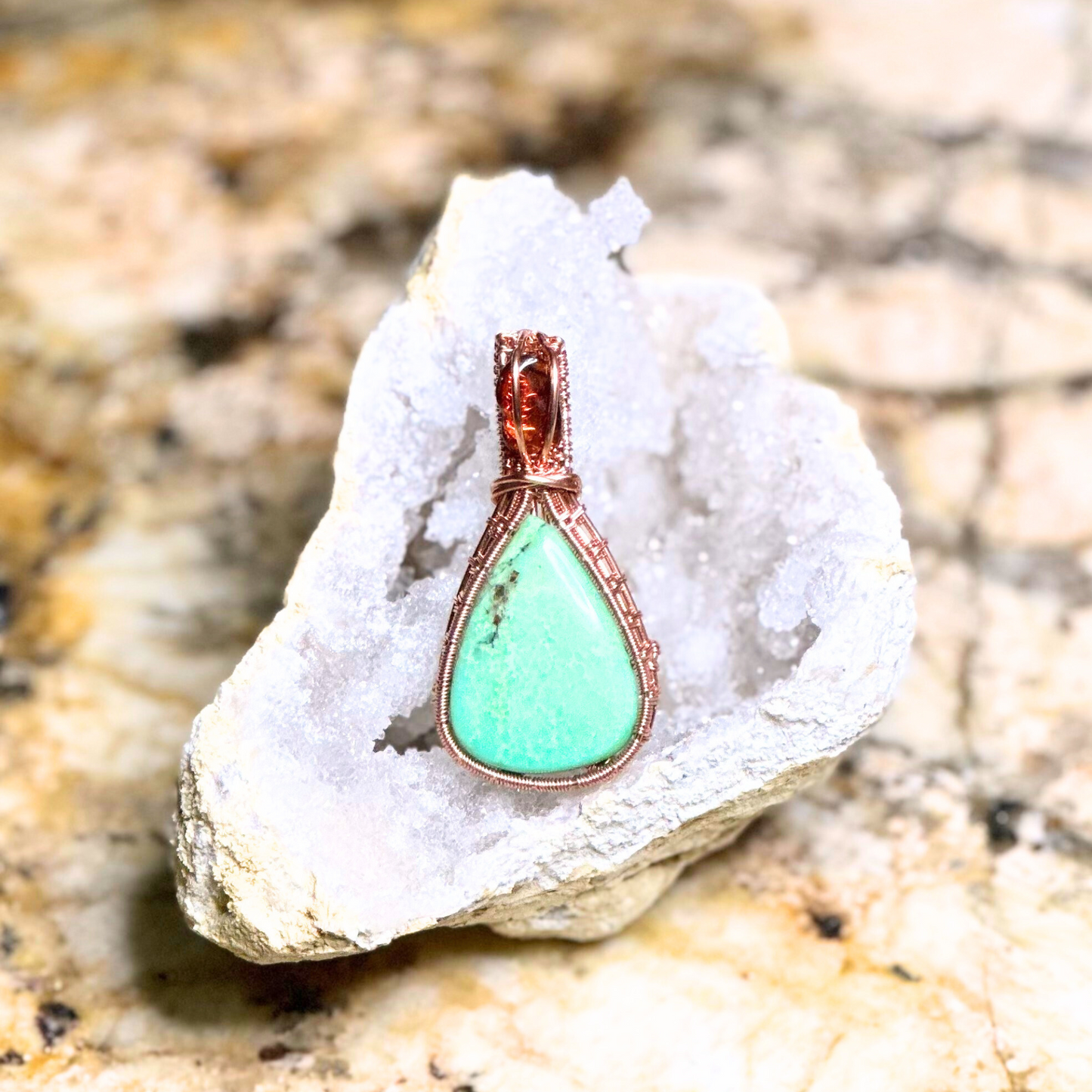 Copper Wire Wrapped Chrysoprase with Amber Pendant