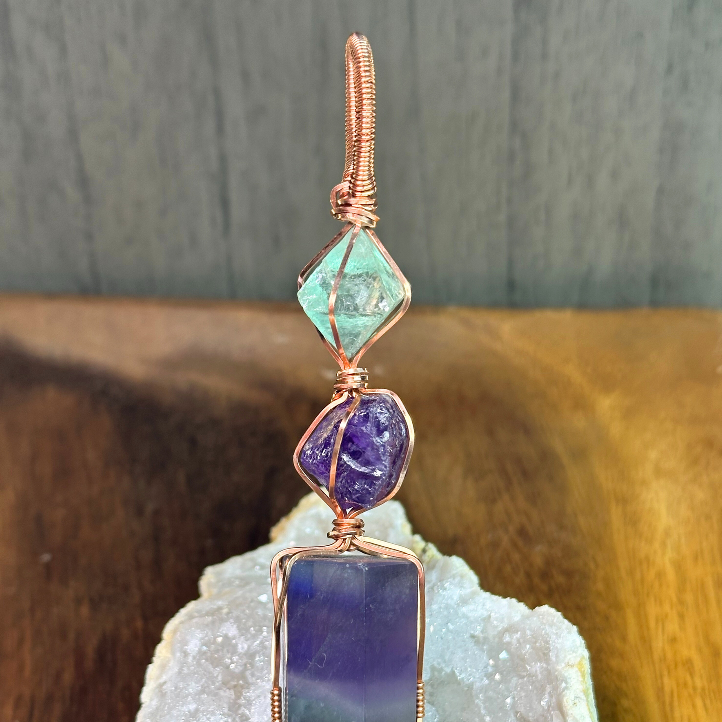 Copper Wire Wrapped Rainbow Fluorite Tower with Raw Amethyst and Green Fluorite Pendant