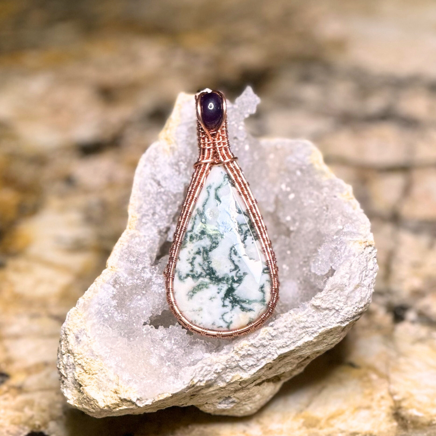 Copper Wire Wrapped Tree Agate with Amethyst Pendant