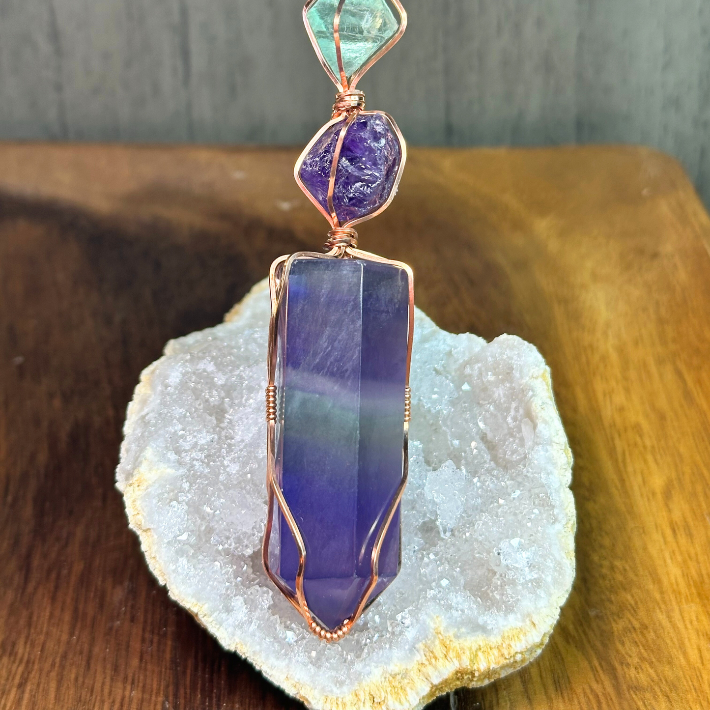 Copper Wire Wrapped Rainbow Fluorite Tower with Raw Amethyst and Green Fluorite Pendant