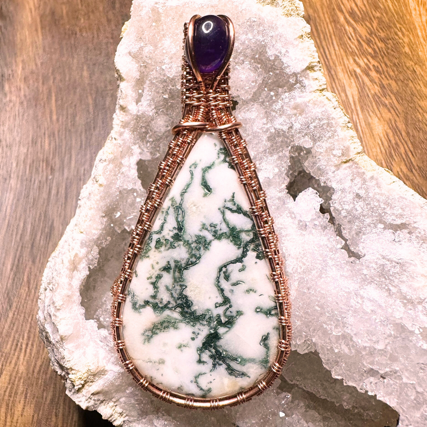 Copper Wire Wrapped Tree Agate with Amethyst Pendant