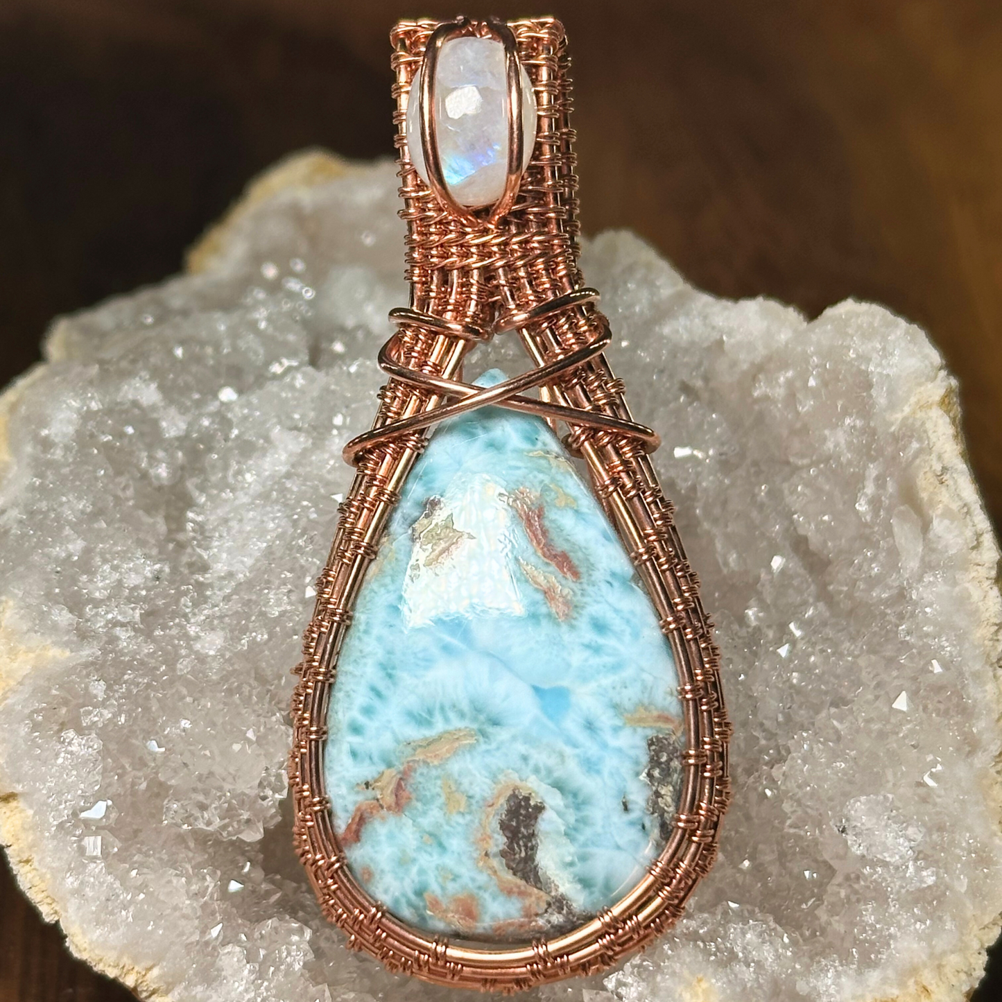 Copper Wire Wrapped Larimar with Moonstone