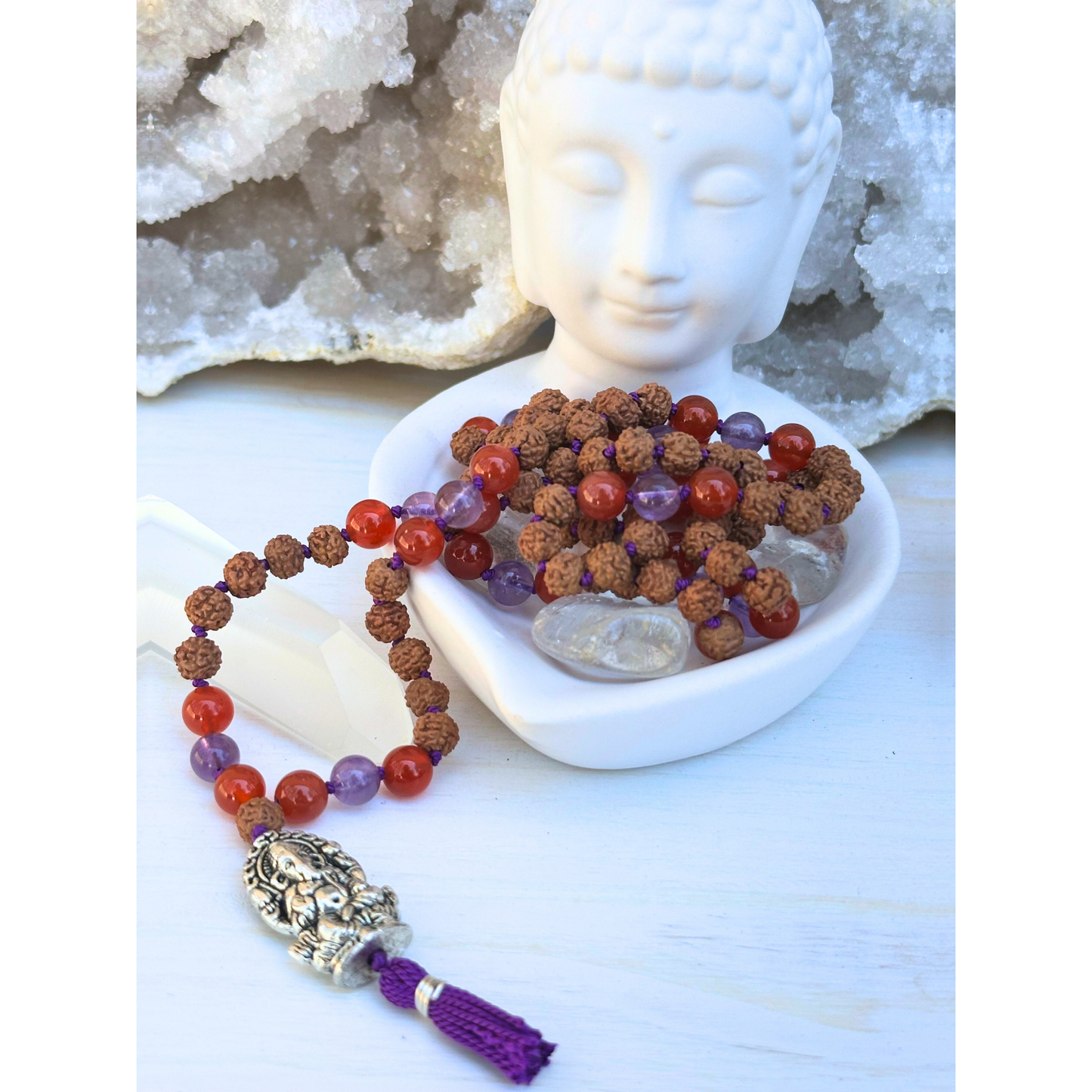 Carnelian, Amethyst & Rudraksha Mala with Ganesha Charm