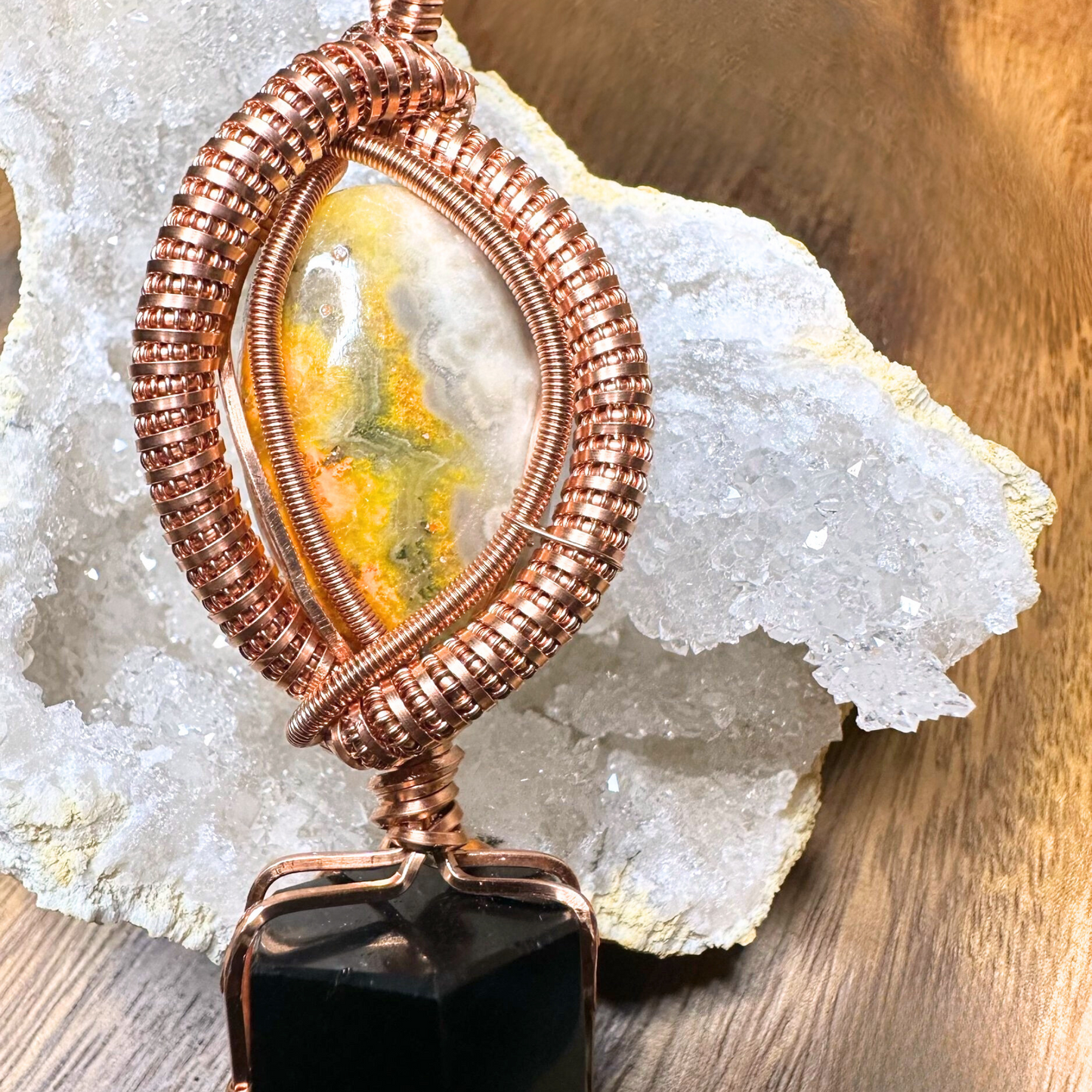 Copper Wire Wrapped Obsidian Tower with Bumblebee Jasper Pendant