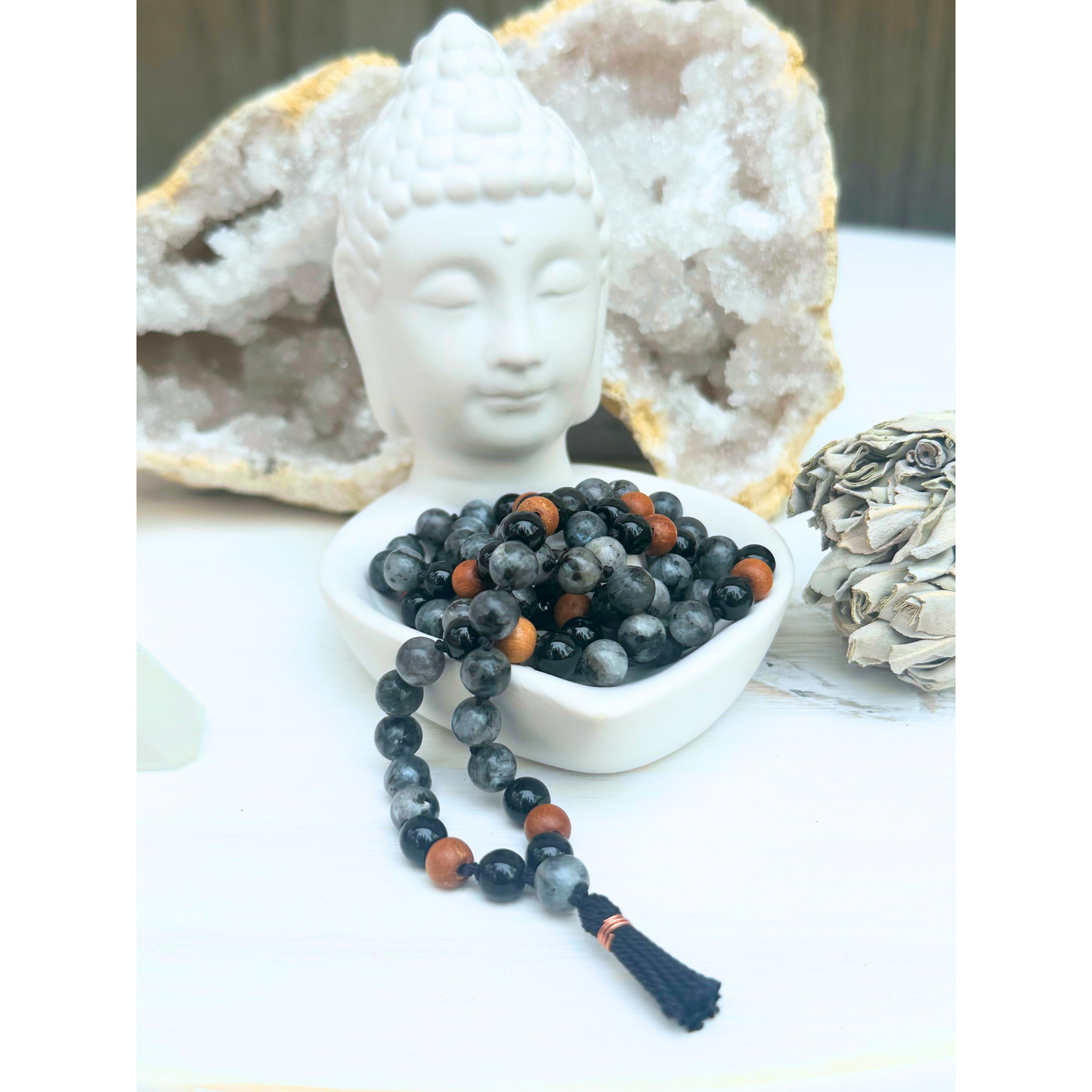 Larvakite, Onyx & Sandalwood Mala