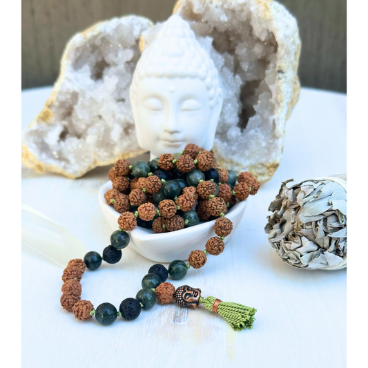 Green Line Jasper, Lava Stone & Rudraksha Mala with Buddha Charm