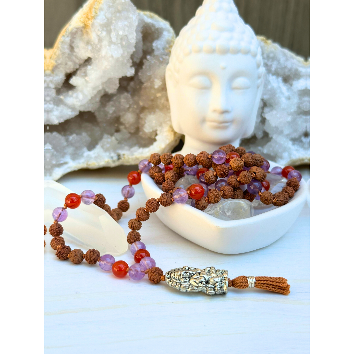 Amethyst, Carnelian & Rudraksha Mala with Ganesha Charm