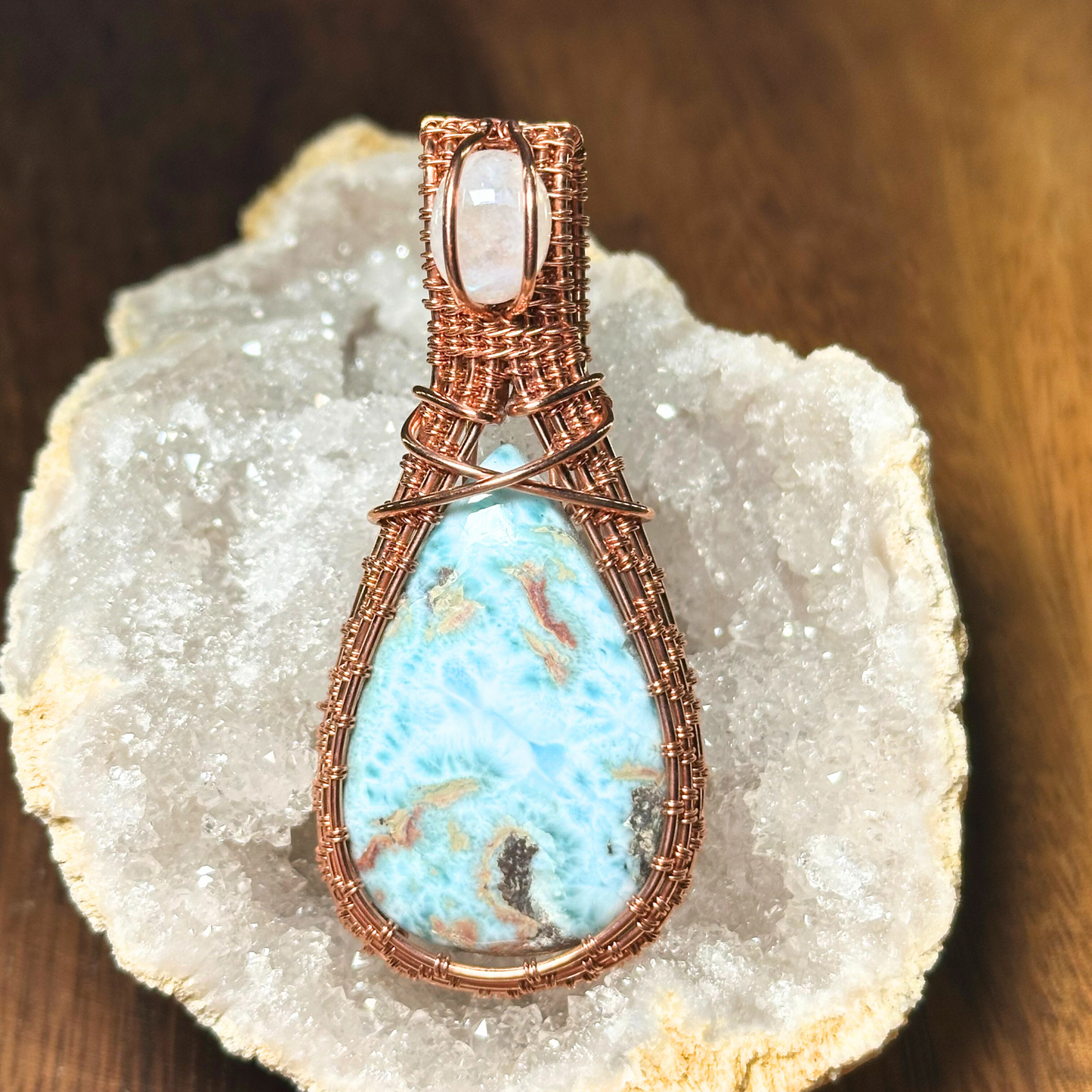 Copper Wire Wrapped Larimar with Moonstone
