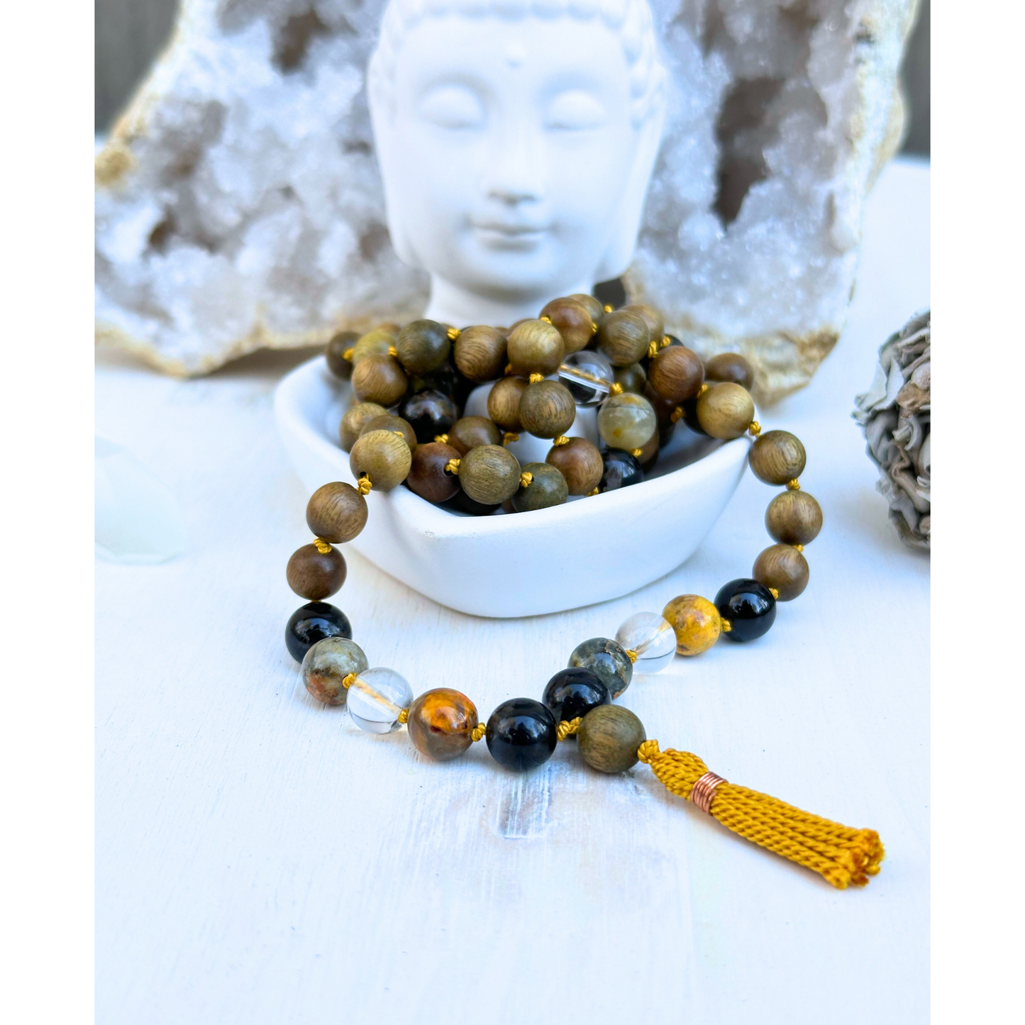 Bumble Bee Jasper, Peruvian Clear Quartz, Black Tourmaline & Green Sandalwood Mala