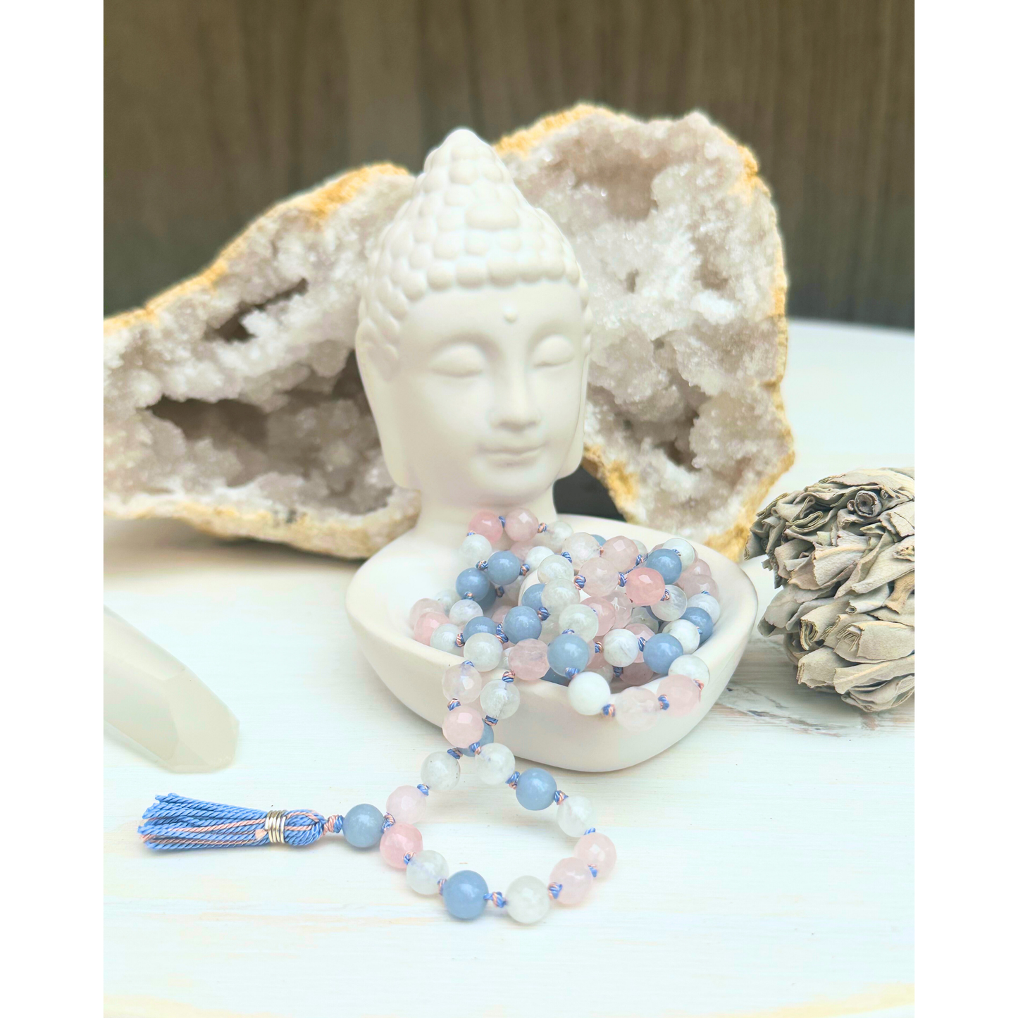Rose Quartz, Moonstone, and Angelite Mala