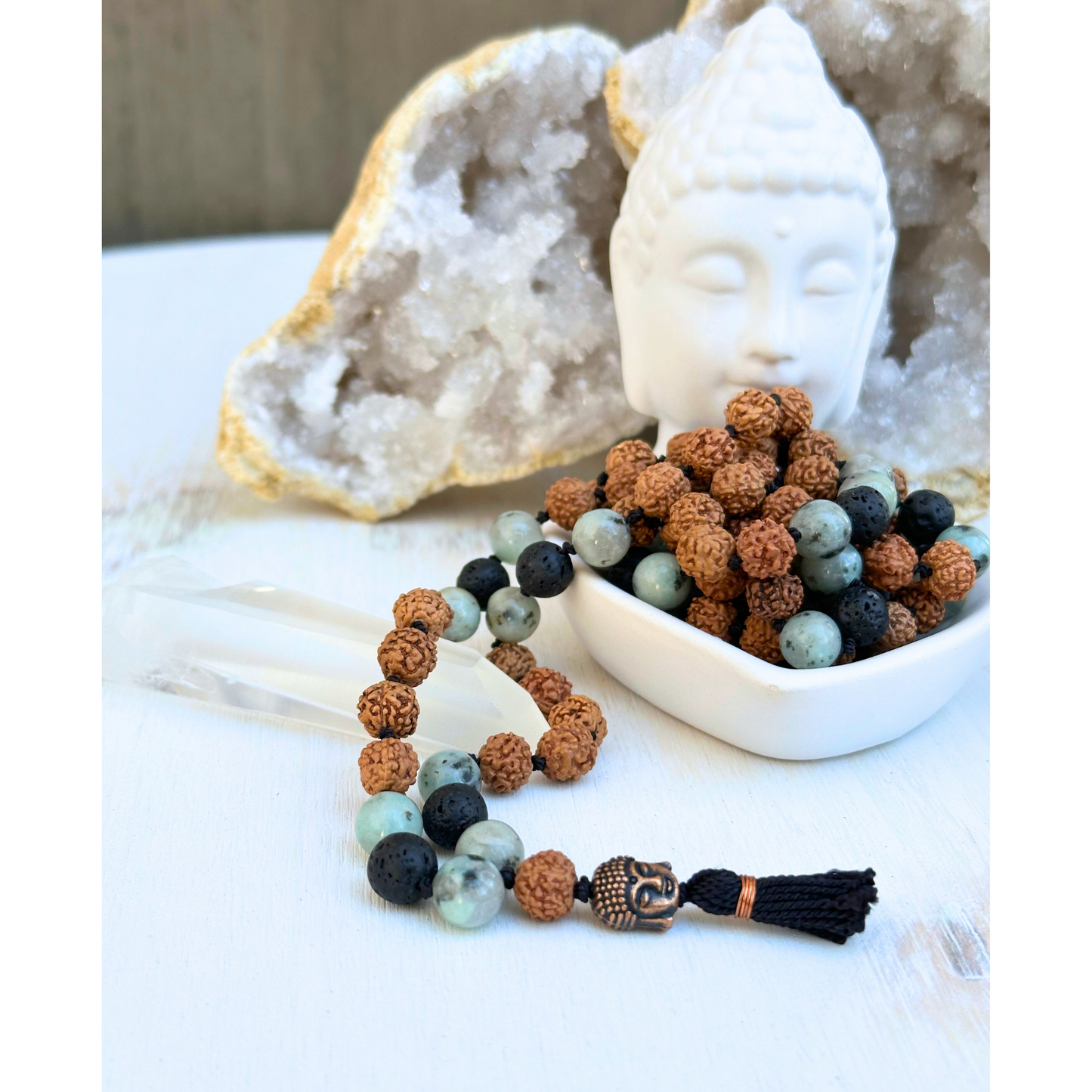 Sesame (Kiwi) Jasper, Lava Stone & Rudraksha Mala with Buddha Charm
