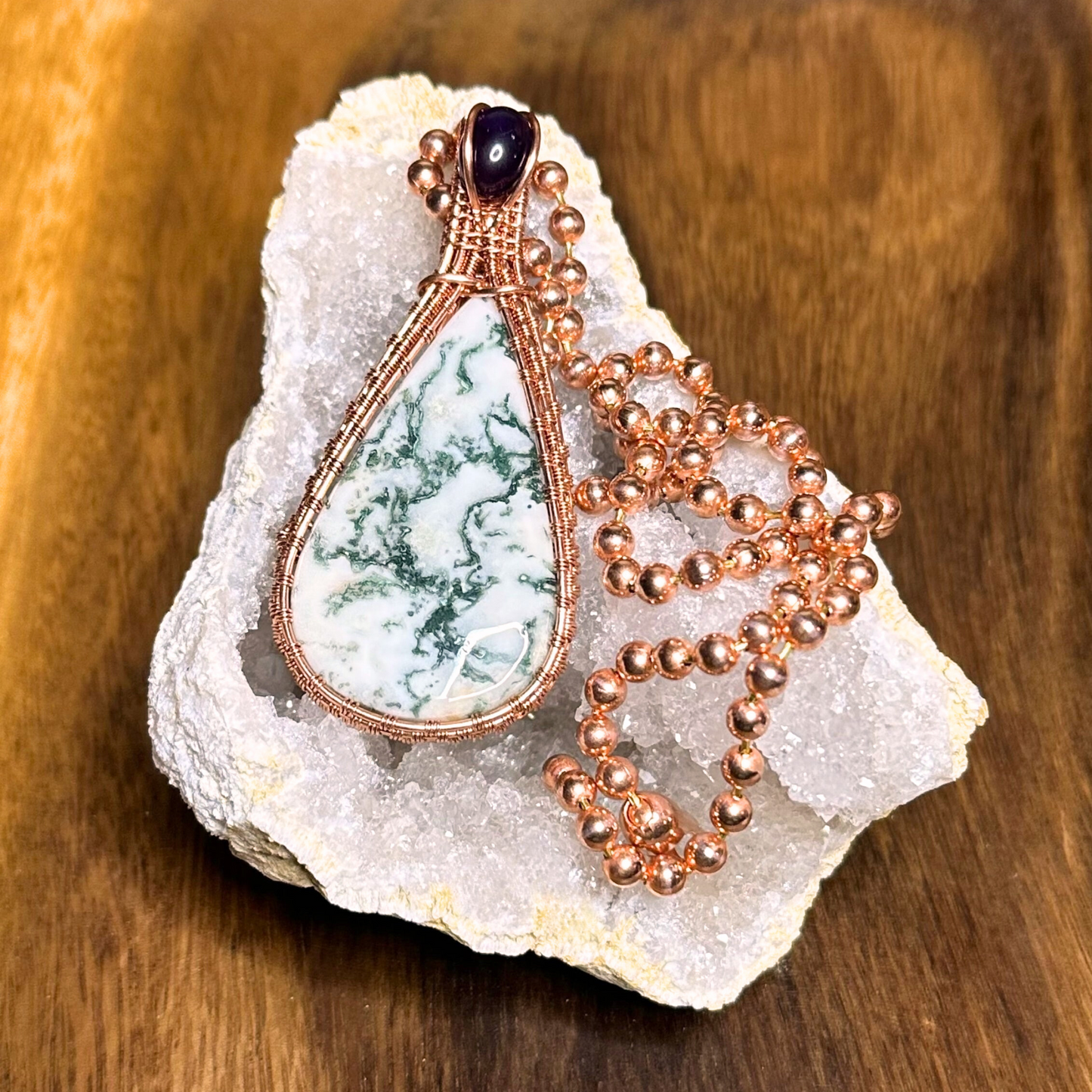 Copper Wire Wrapped Tree Agate with Amethyst Pendant