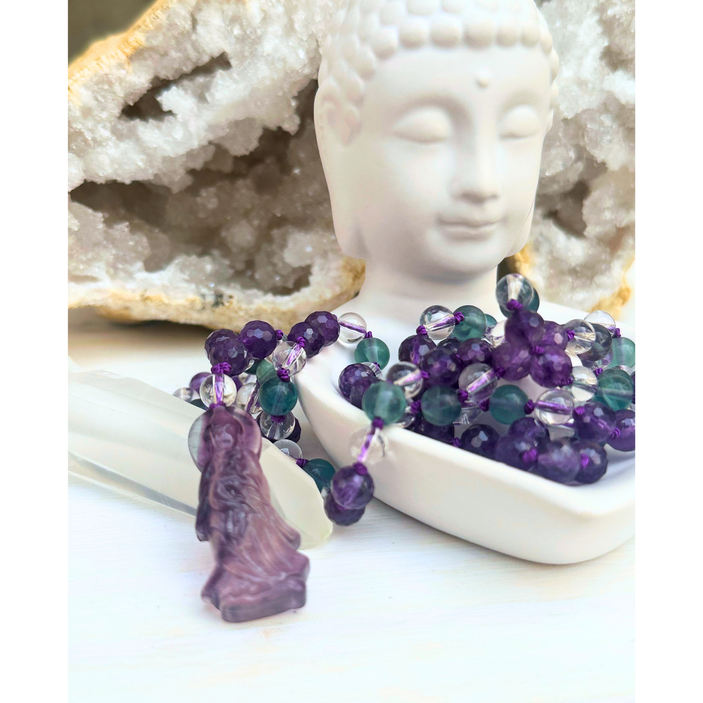 Amethyst, Rainbow Fluorite, and Clear Quartz Mala with Quan Yin Charm