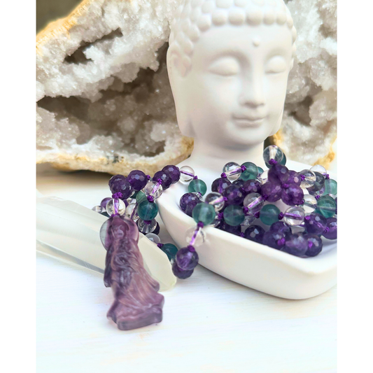 Amethyst, Rainbow Fluorite, and Clear Quartz Mala with Quan Yin Charm