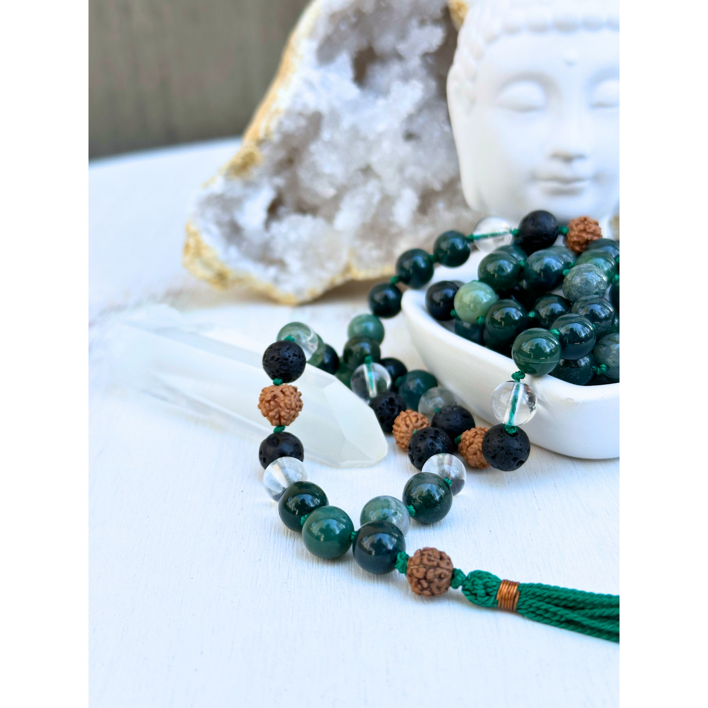 Moss Agate, Lava Stone, Peruvian Clear Quartz & Rudraksha Mala
