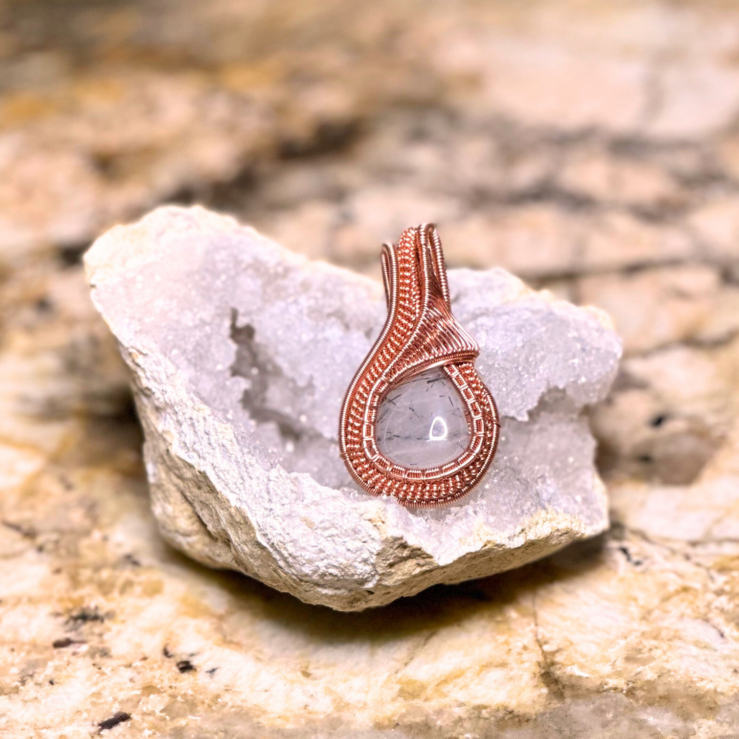 Copper Wire Wrapped Tourmalinated Quartz Pendant