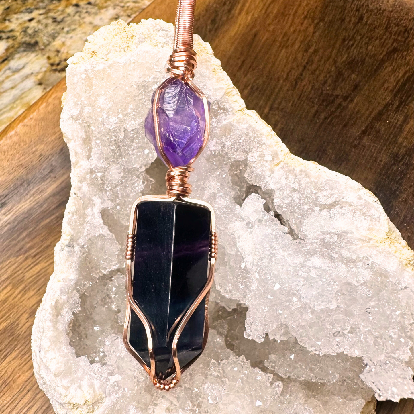 Copper Wire Wrapped Rainbow Fluorite Tower with Raw Amethyst Pendant