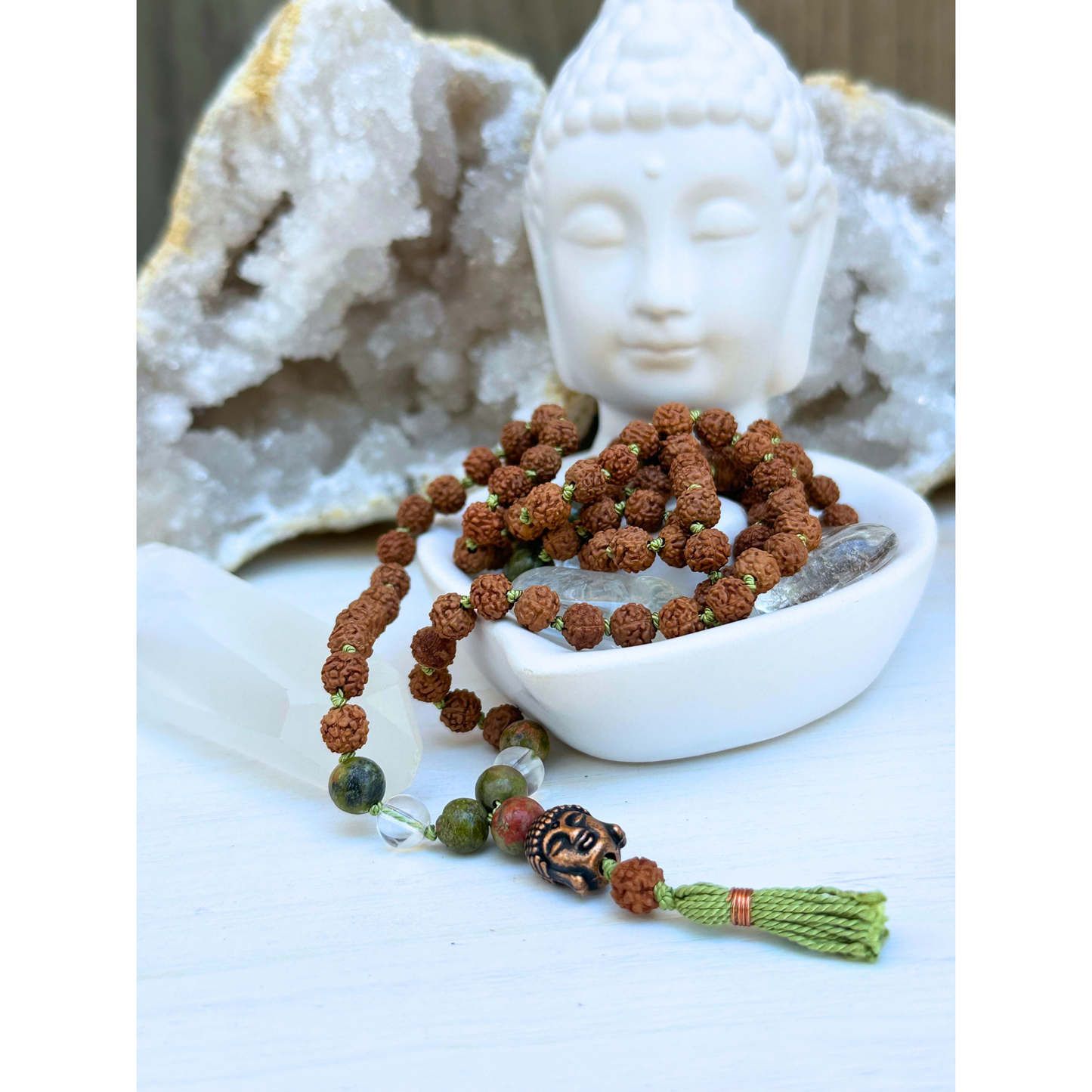 Unakite, Peruvian Clear Quartz & Rudraksha Mala with Buddha Charm