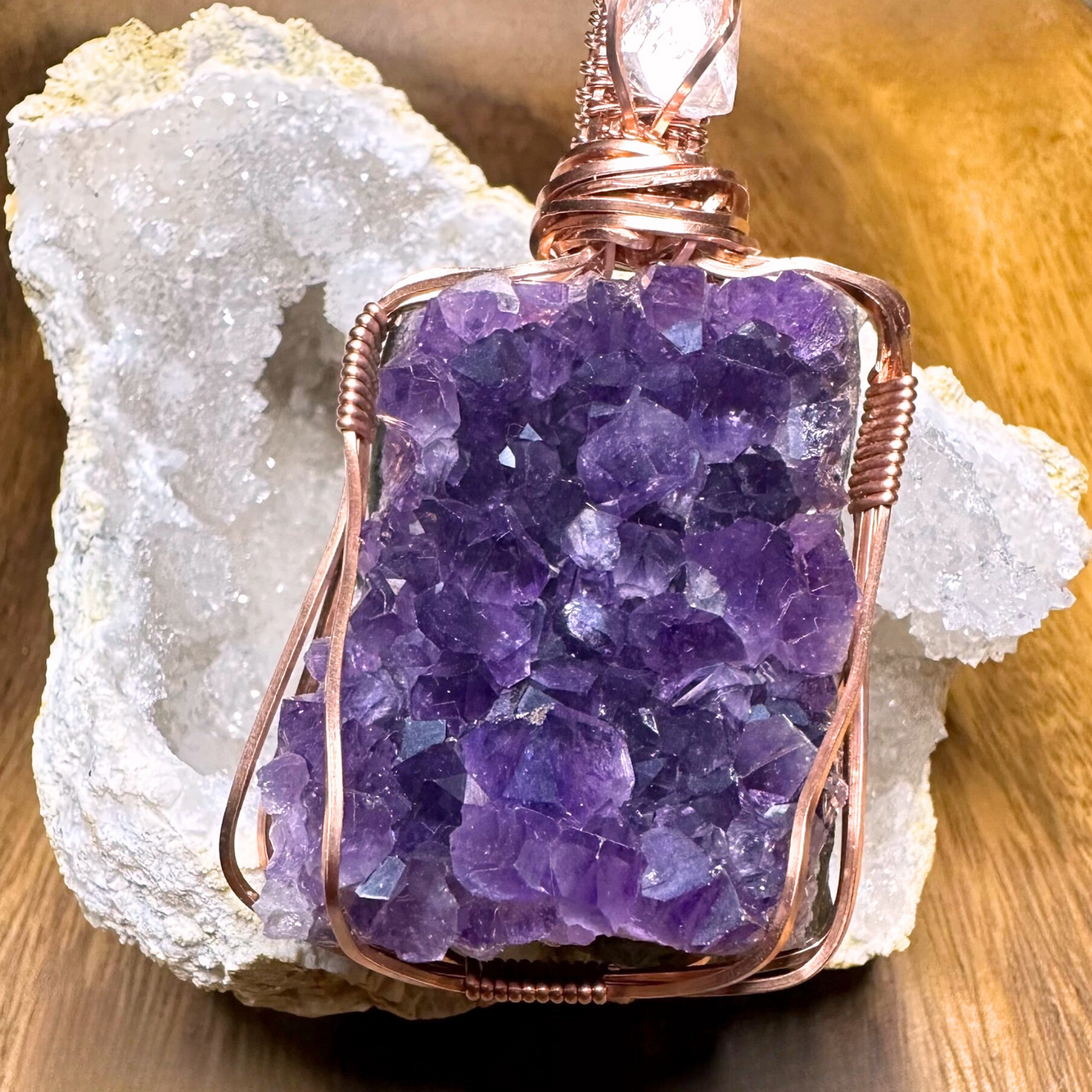 Copper Wire Wrapped Amethyst Cluster with Apophyllite Pendant