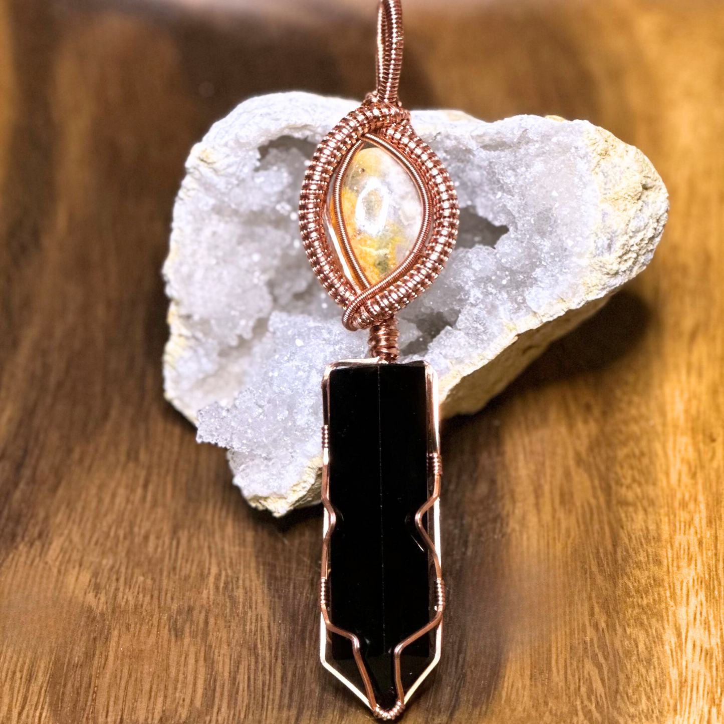 Copper Wire Wrapped Obsidian Tower with Bumblebee Jasper Pendant
