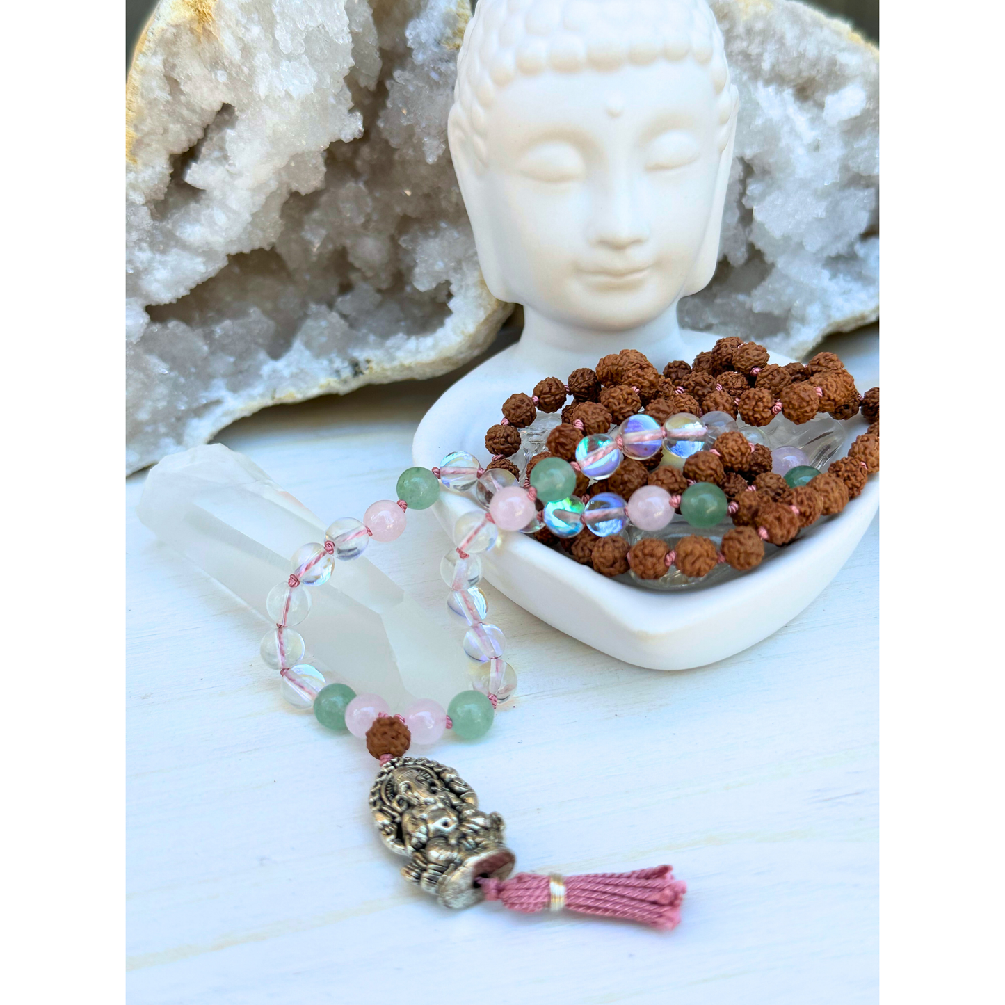 Rainbow Aura Quartz, Rose Quartz, Green Aventurine & Rudraksha Mala with Ganesha Charm