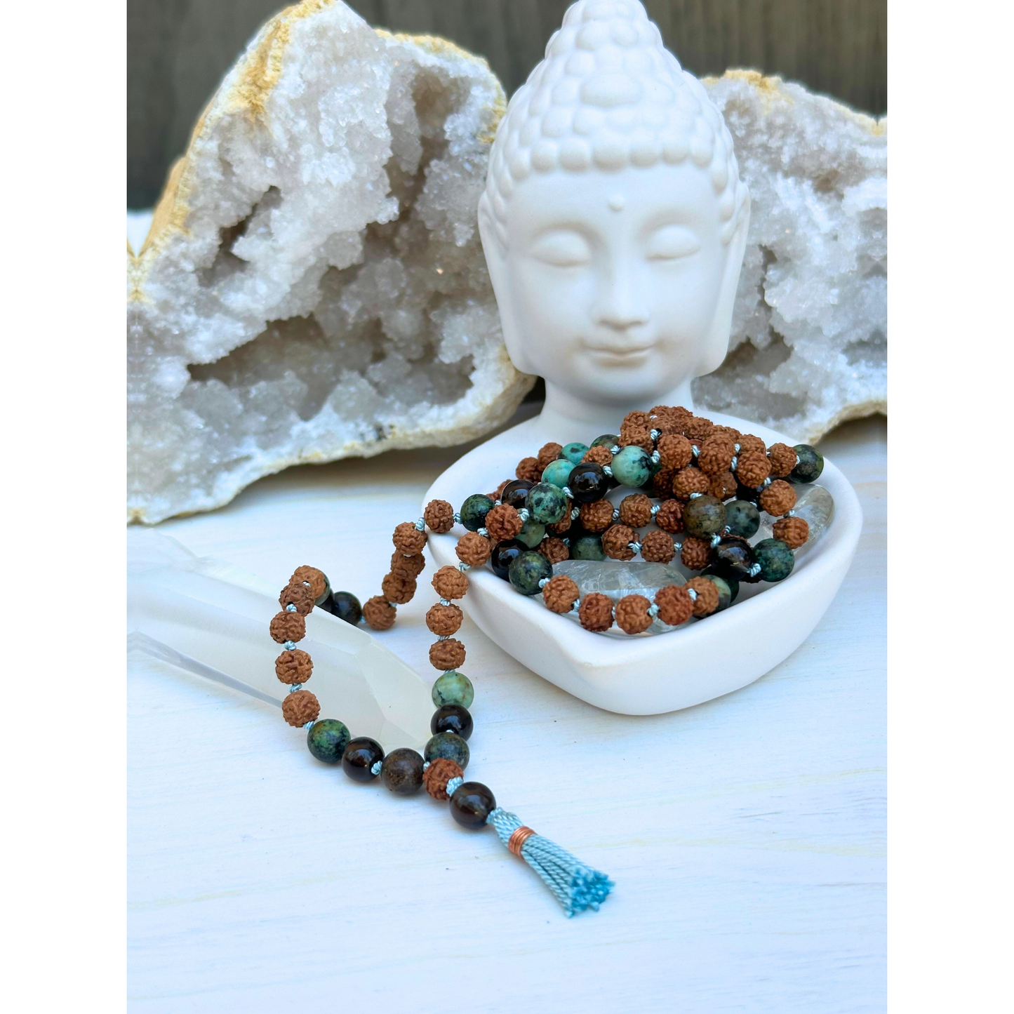 African Turquoise, Smokey Quartz & Rudraksha Mala