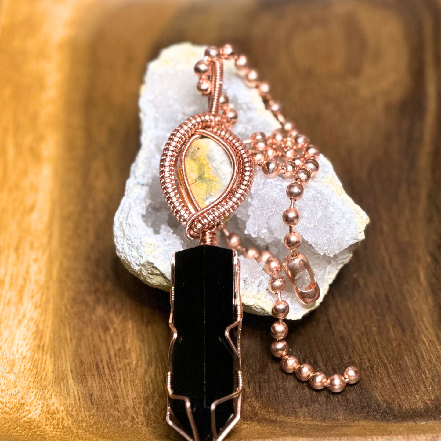 Copper Wire Wrapped Obsidian Tower with Bumblebee Jasper Pendant