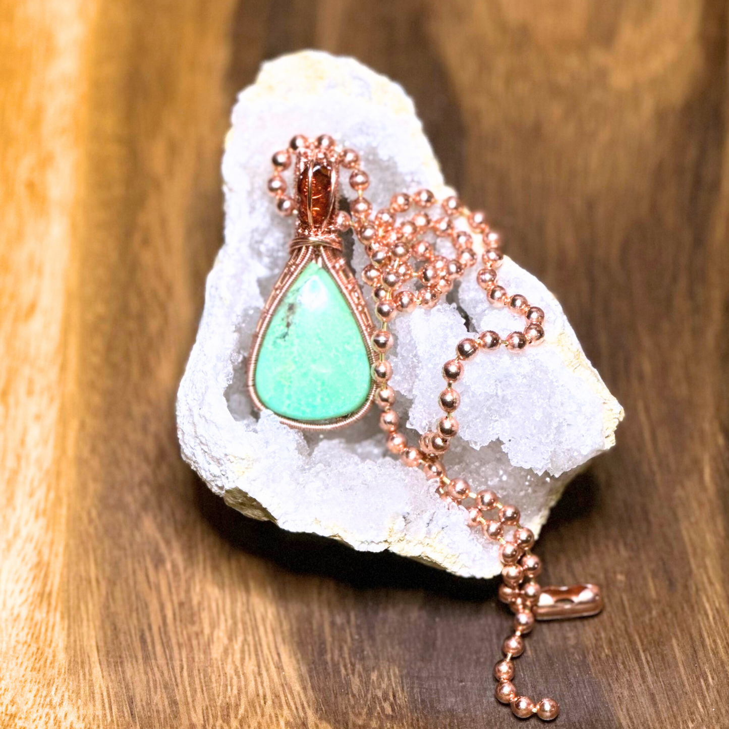 Copper Wire Wrapped Chrysoprase with Amber Pendant