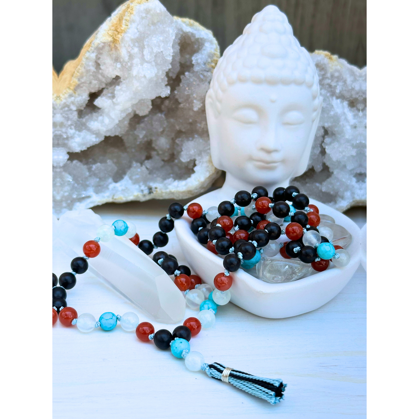 Carnelian, Selenite, Turquoise, and Ebony Blackwood Mala
