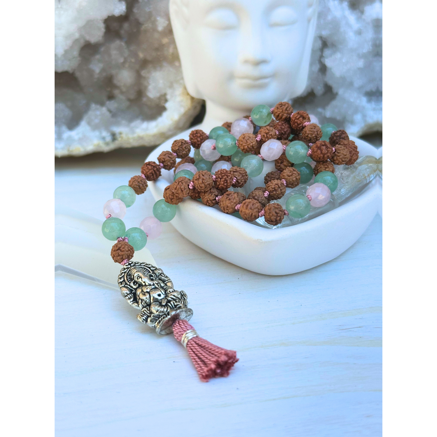 Green Aventurine, Rose Quartz & Rudraksha Mala with Ganesha Charm