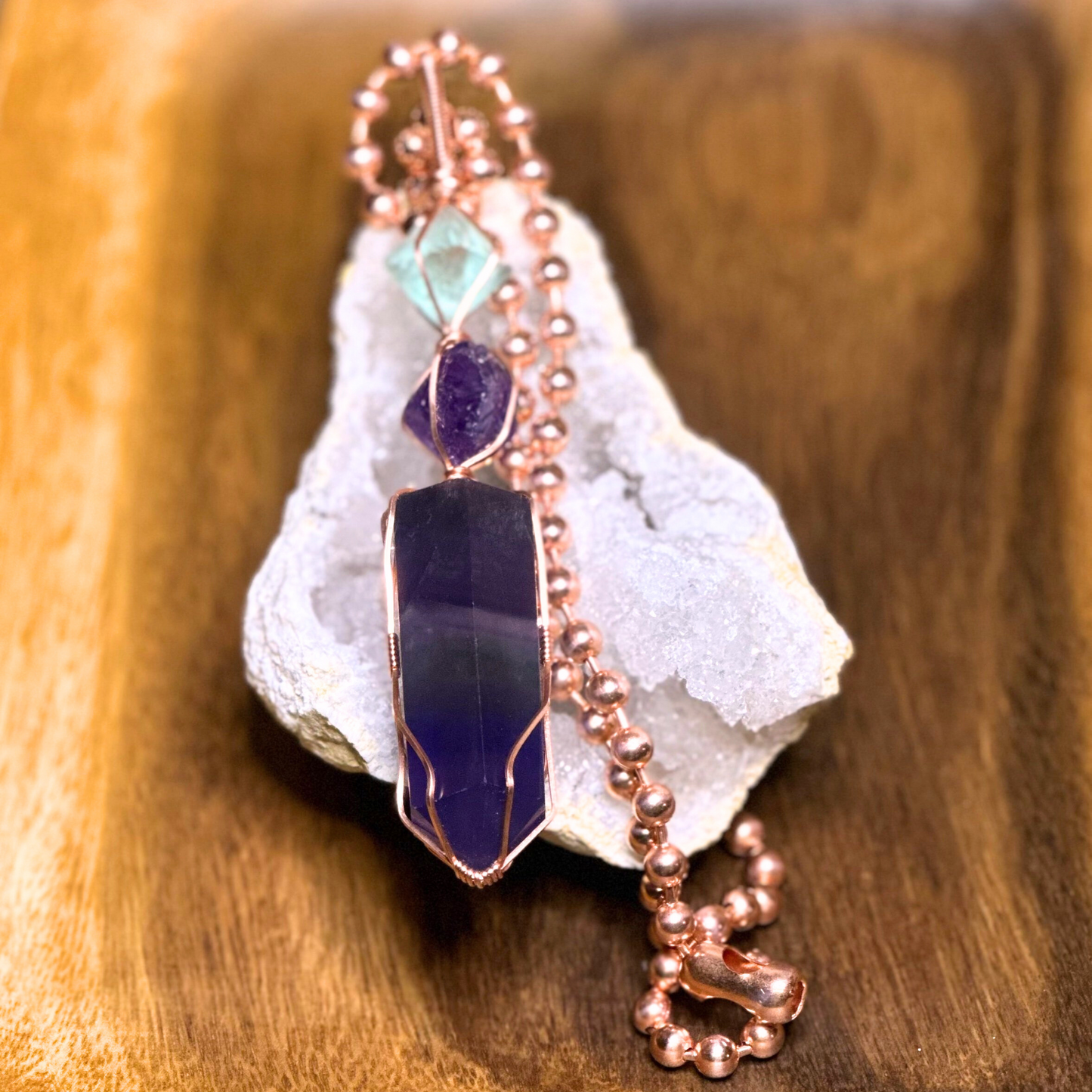 Copper Wire Wrapped Rainbow Fluorite Tower with Raw Amethyst and Green Fluorite Pendant