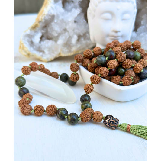 Dragon Stone & Rudraksha Mala with Buddha Charm