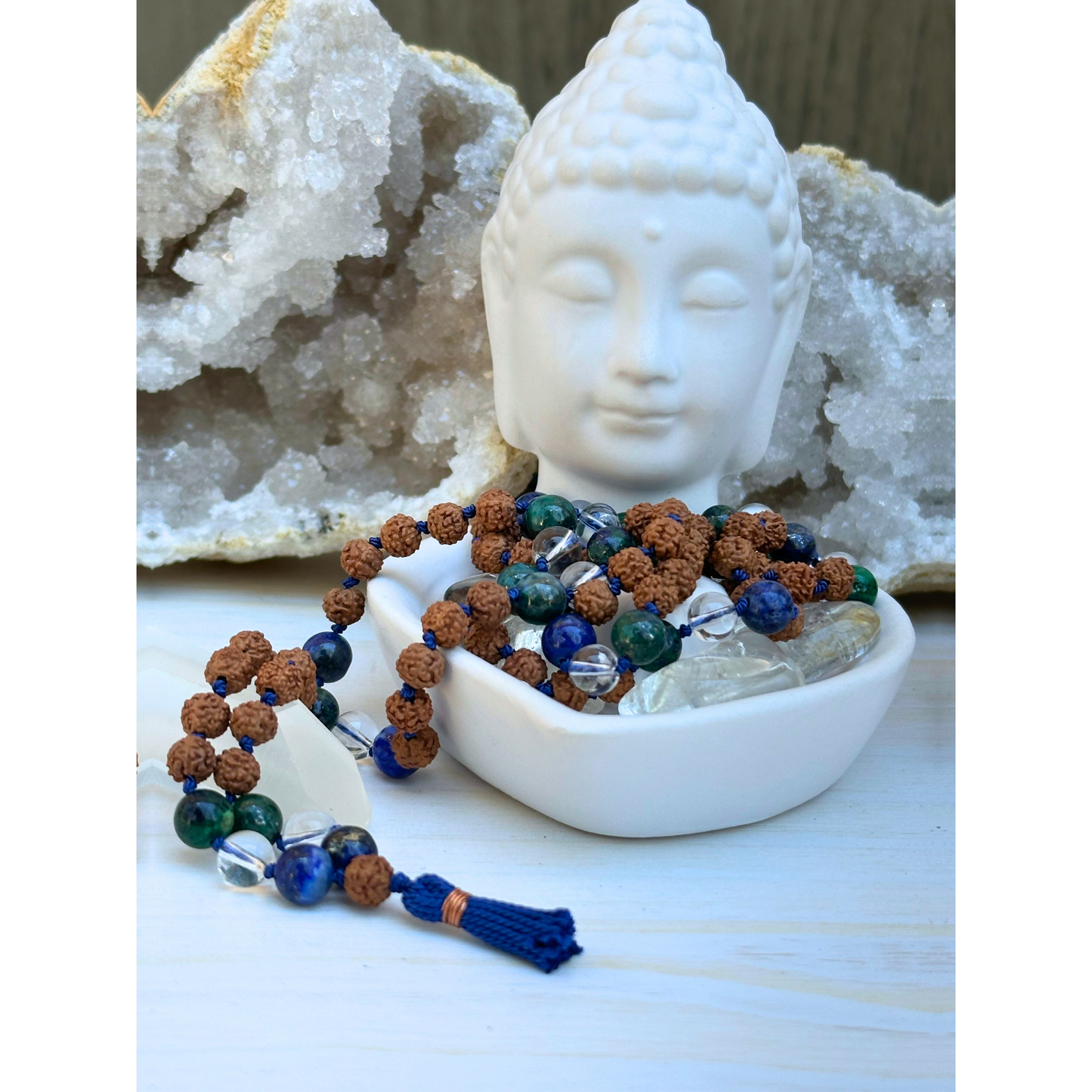 Azurite Peruvian Clear Quartz & Rudraksha Mala