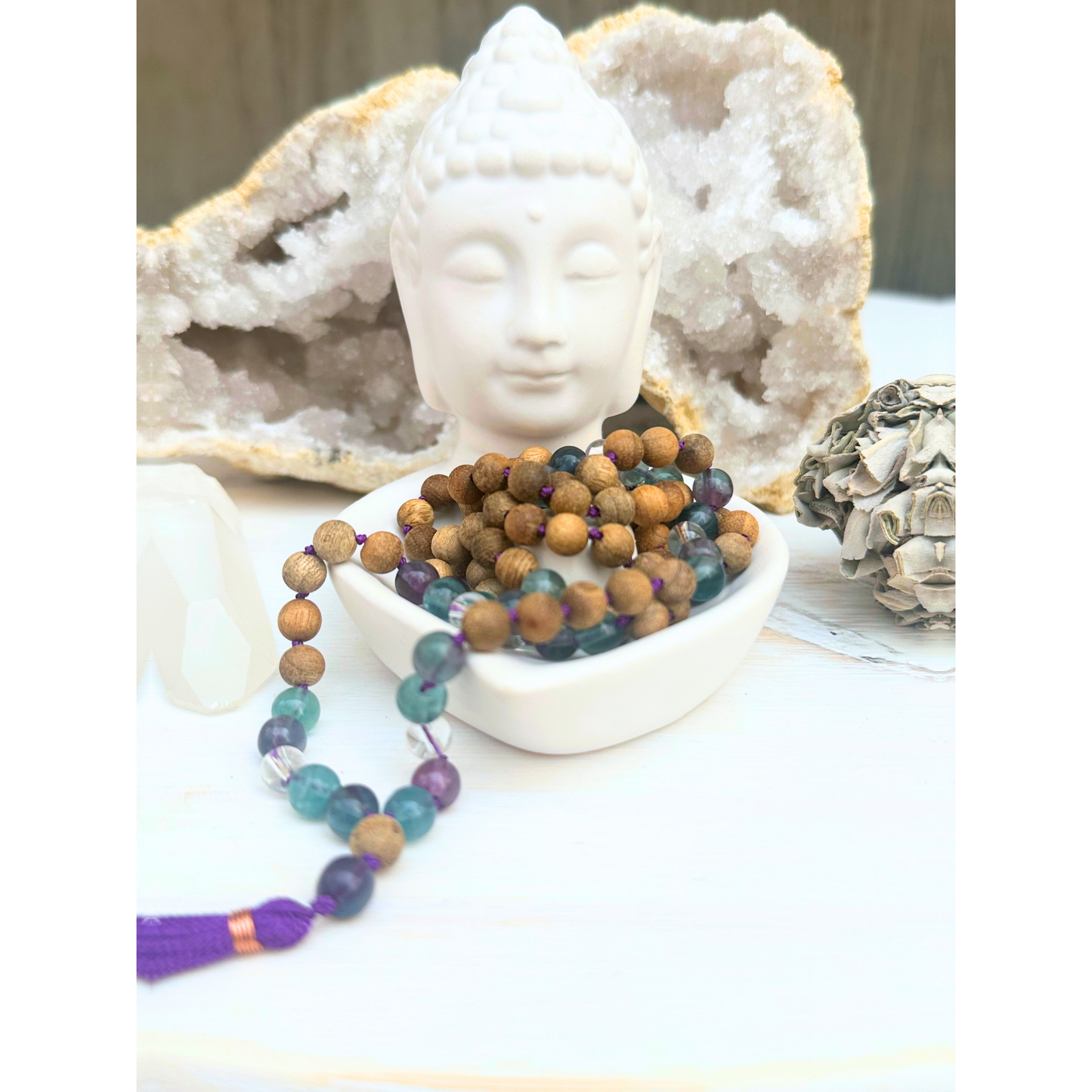 Rainbow Fluorite, Peruvian Clear Quartz & Indian Sandalwood Mala