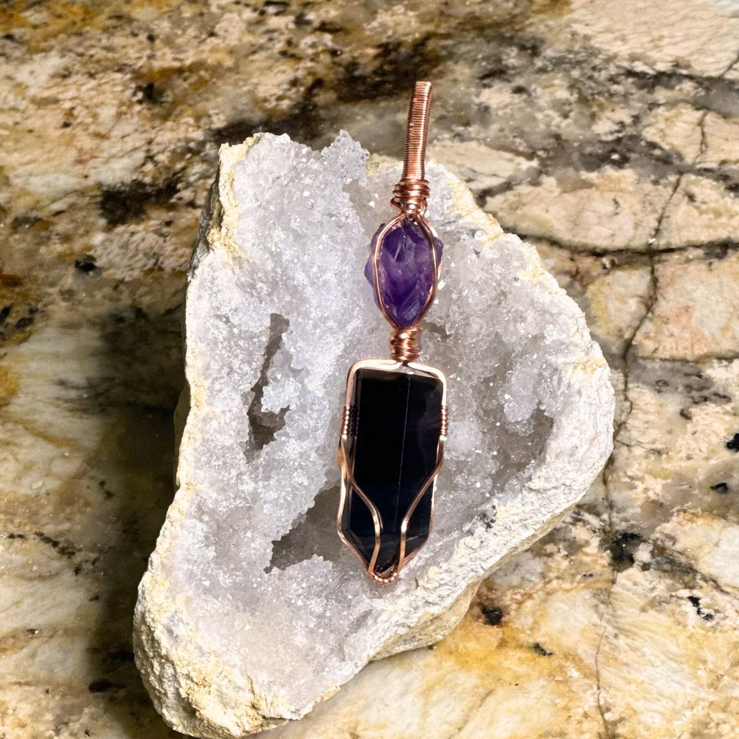 Copper Wire Wrapped Rainbow Fluorite Tower with Raw Amethyst Pendant