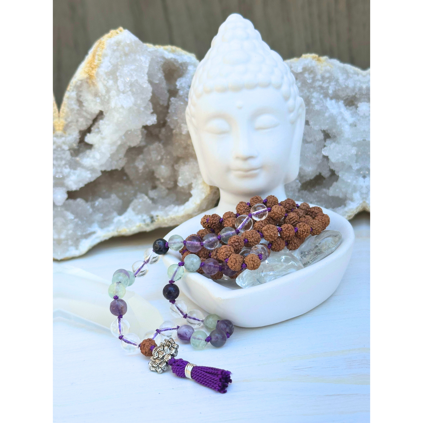 Rainbow Fluorite, Peruvian Clear Quartz & Rudraksha Mala with Lotus Charm