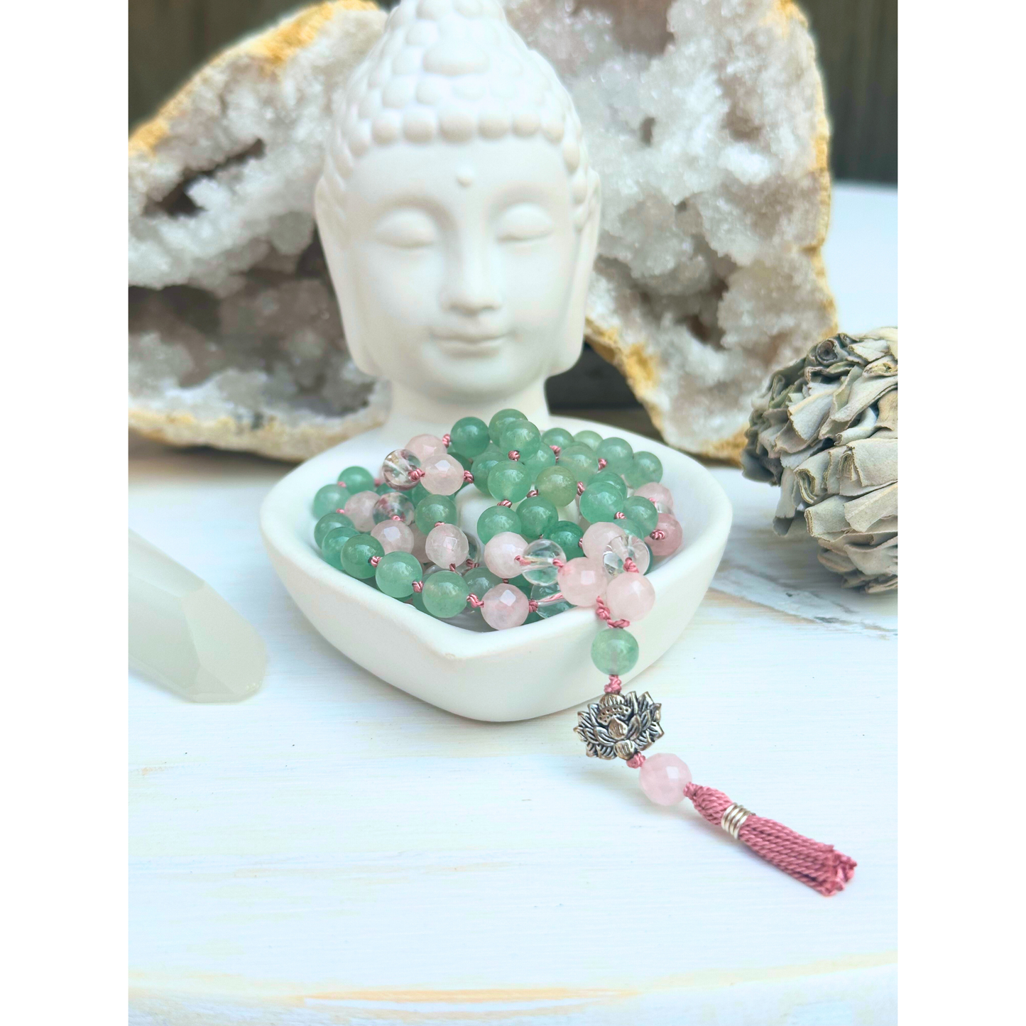 Green Aventurine, Rose Quartz & Peruvian Clear Quartz Mala with Lotus Charm