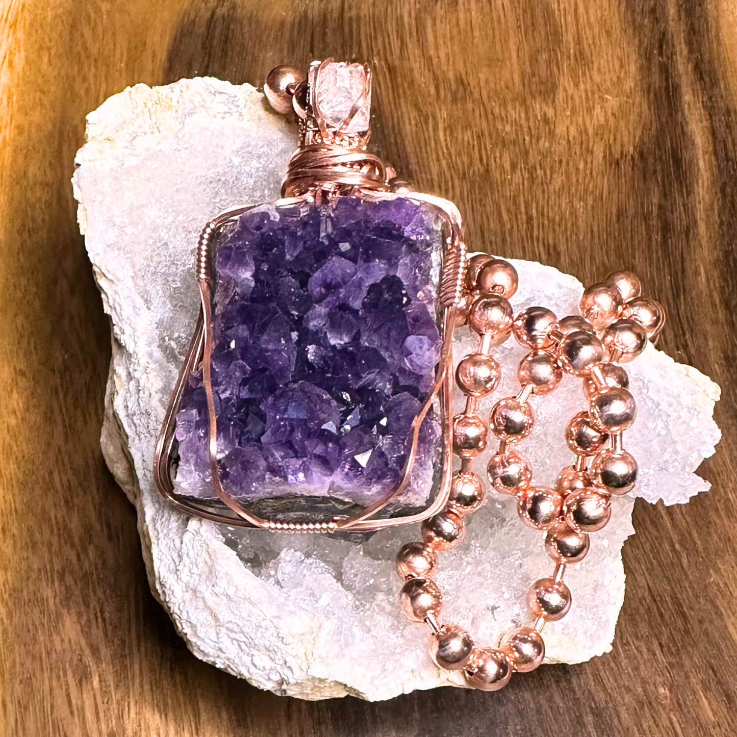 Copper Wire Wrapped Amethyst Cluster with Apophyllite Pendant