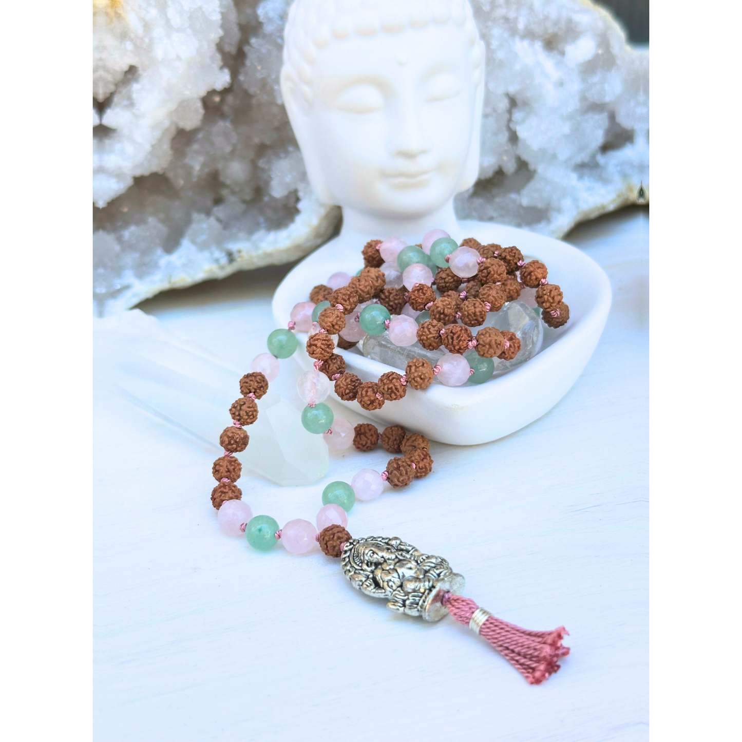 Rose Quartz, Green Aventurine & Rudraksha Mala with Ganesha Charm