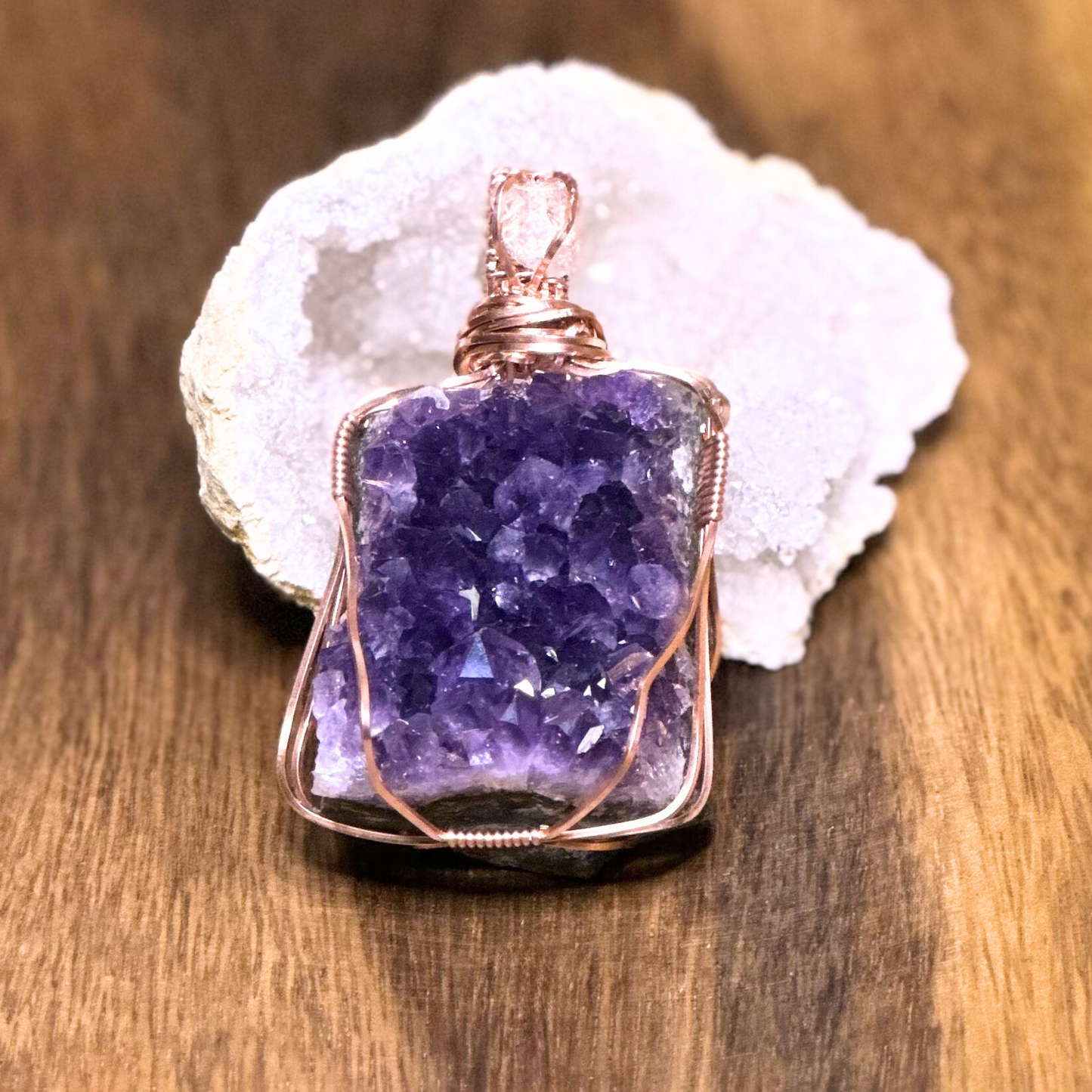 Copper Wire Wrapped Amethyst Cluster with Apophyllite Pendant