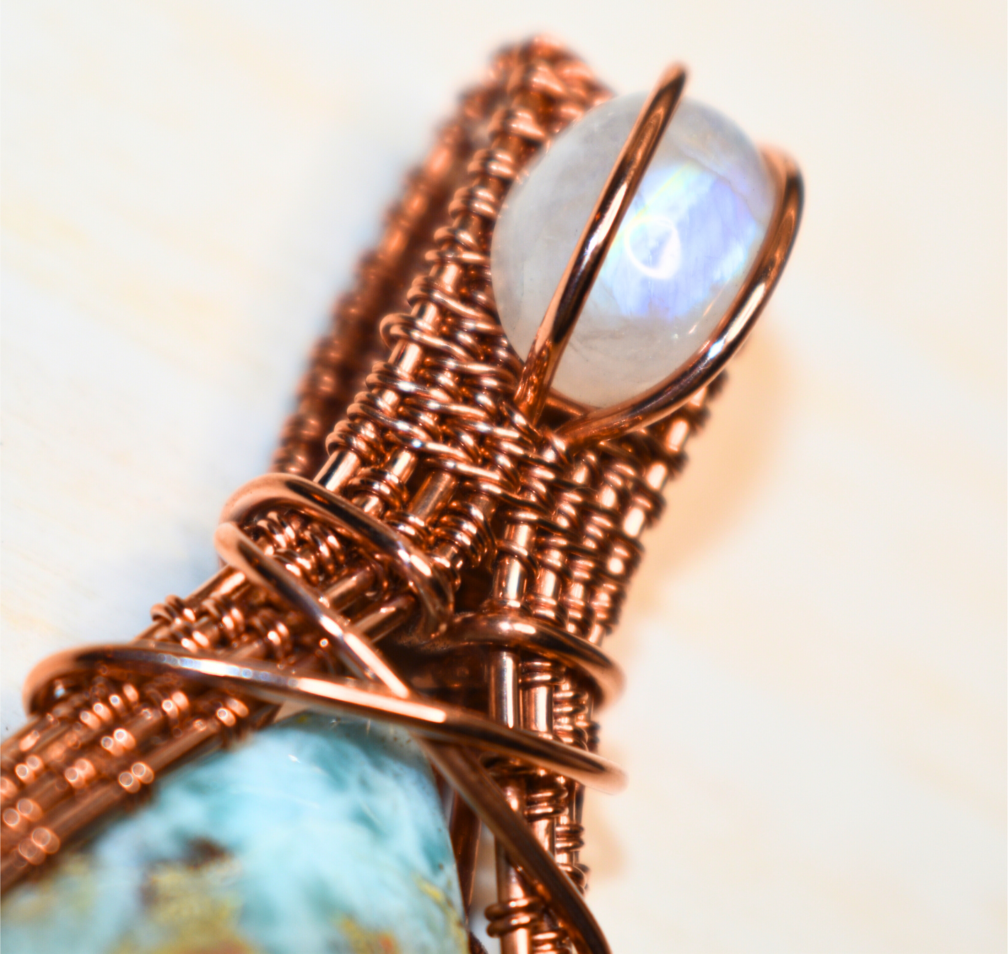 Copper Wire Wrapped Larimar with Moonstone
