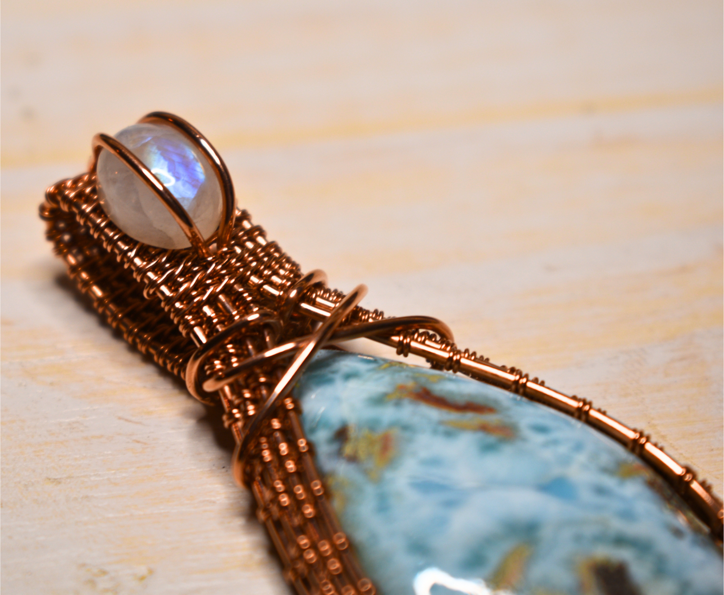 Copper Wire Wrapped Larimar with Moonstone