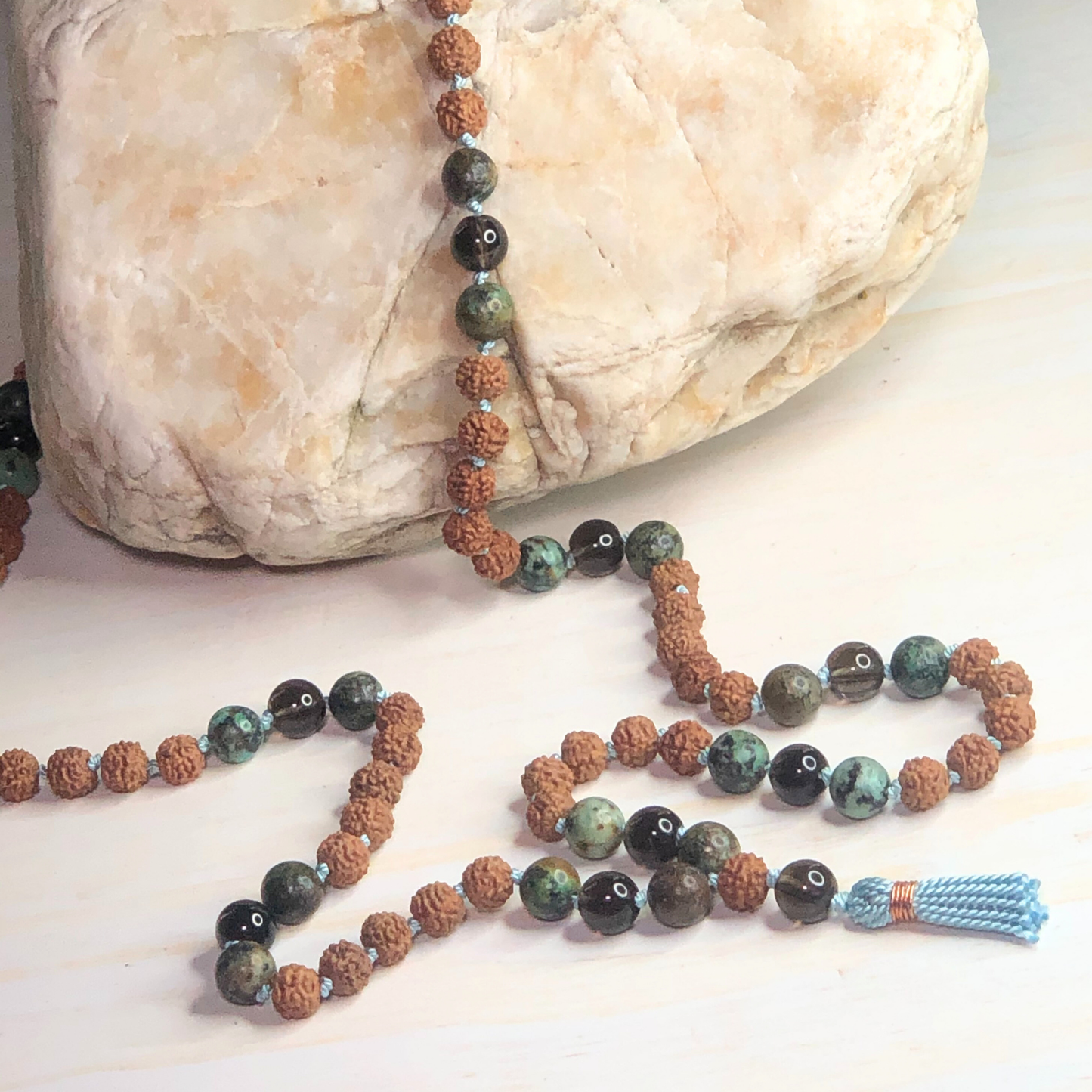African Turquoise, Smokey Quartz & Rudraksha Mala